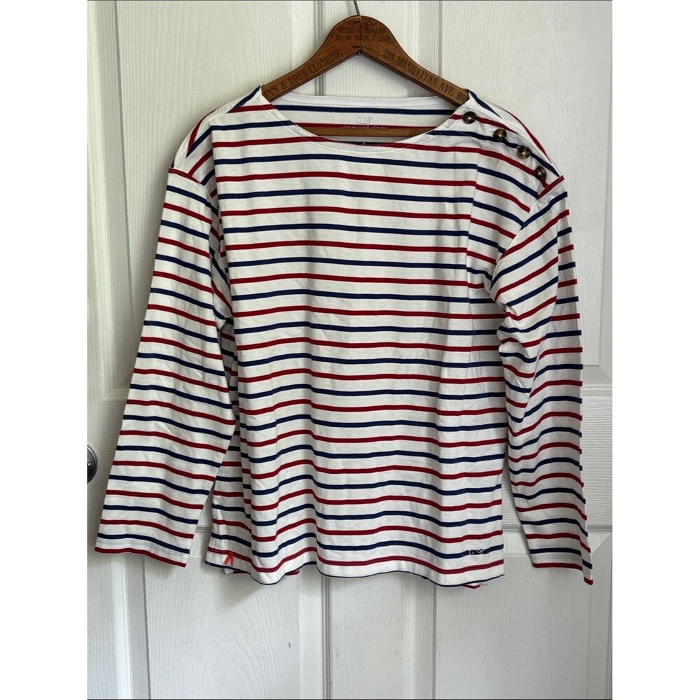 Vineyard Vines White Top with Red & Blue Stripes and Shoulder Buttons Size Small